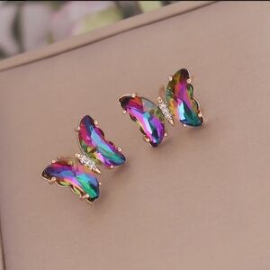 Rainbow Rhinestone Butterfly Earring Studs Copper Plating/ Gold Tone